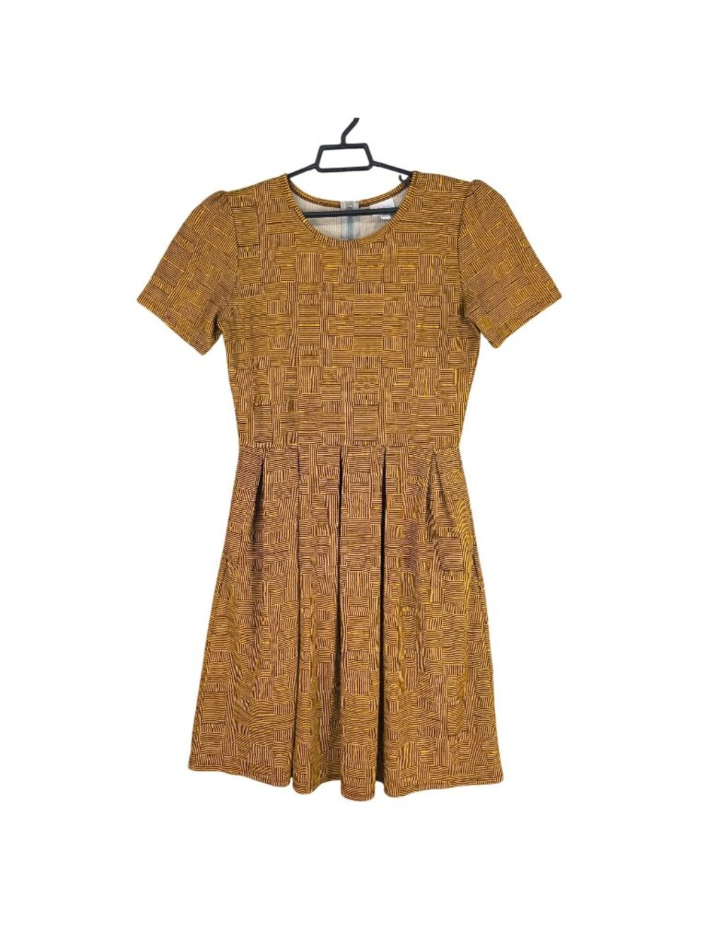 Womens Lularoe Yellow & Brown Geometric Print Dress Short Sleeve Stretch Size L